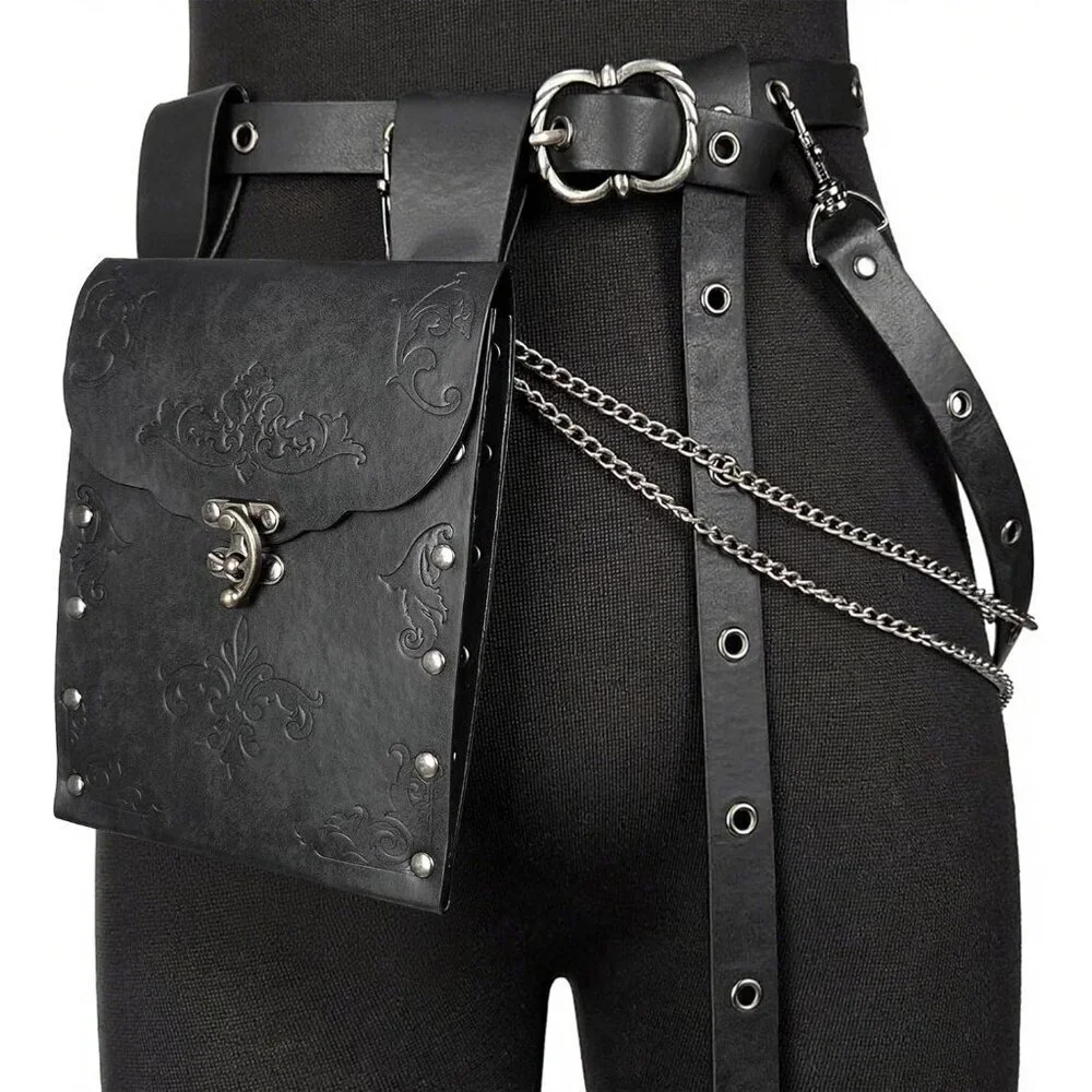 Medieval Women Belt Vintage Faux Leather Chain Pouch Costume Accessory